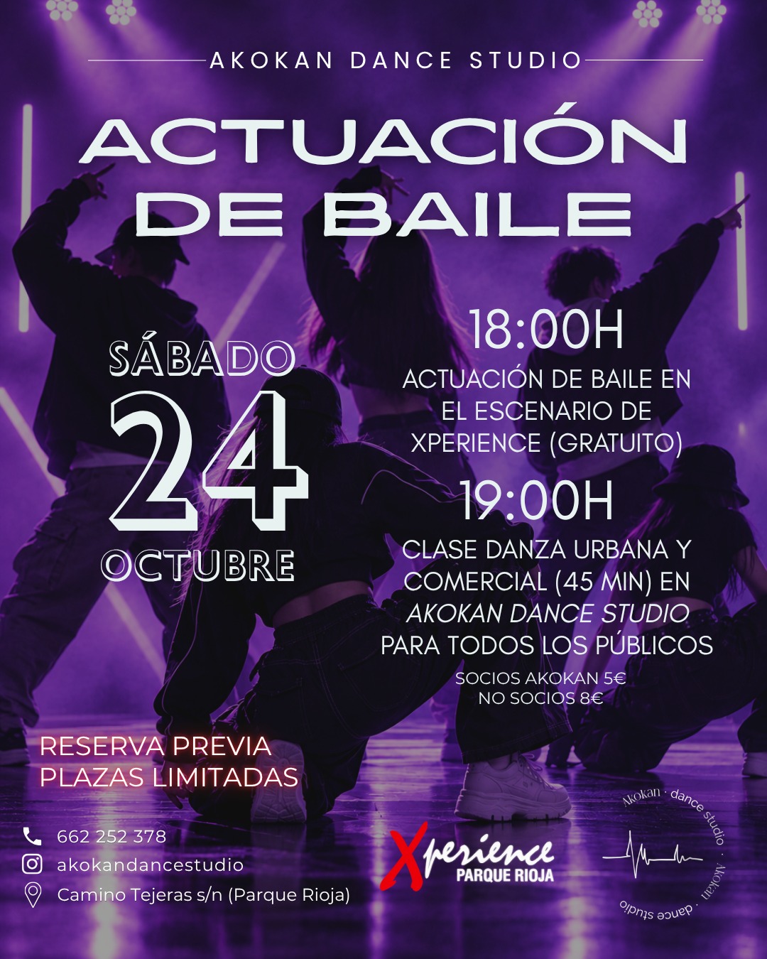 Cartel de la actuación de baile de Akokan Dance Studio: sábado 24 de octubre, actuación a las 18:00 en el escenario de Xperience y clase de danza urbana y comercial a las 19:00