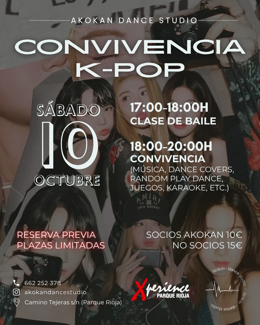 Cartel de la Convivencia K-pop de Akokan Dance Studio: sábado 10 de octubre, clase de 17:00 a 18:00 y convivencia de 18:00 a 20:00 en Xperience Parque Rioja